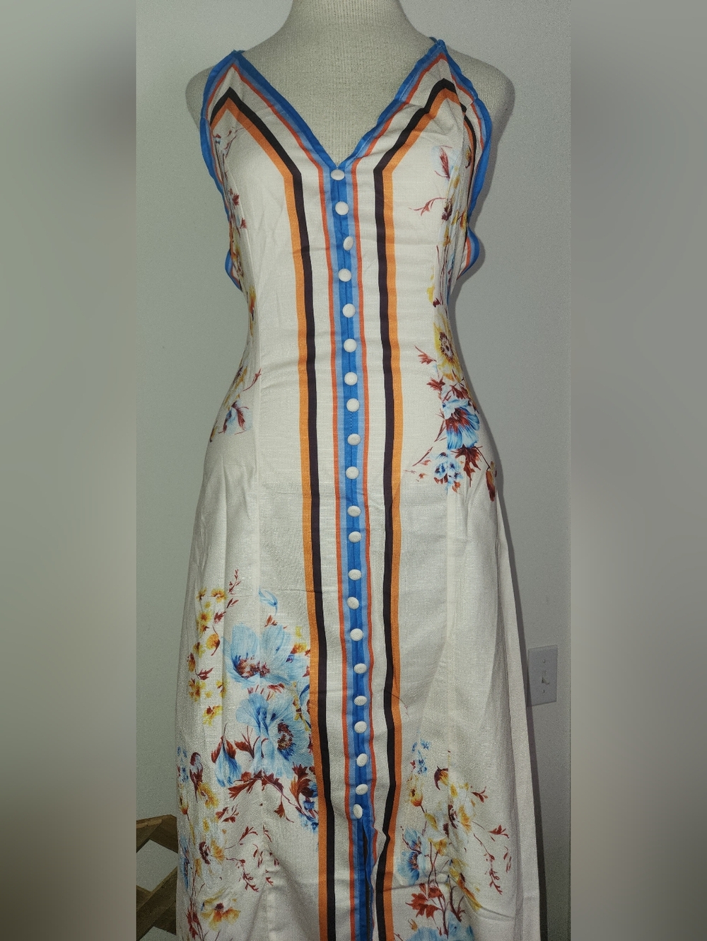 White Floral Stripe Button-Front Maxi Dress with Blue Accents